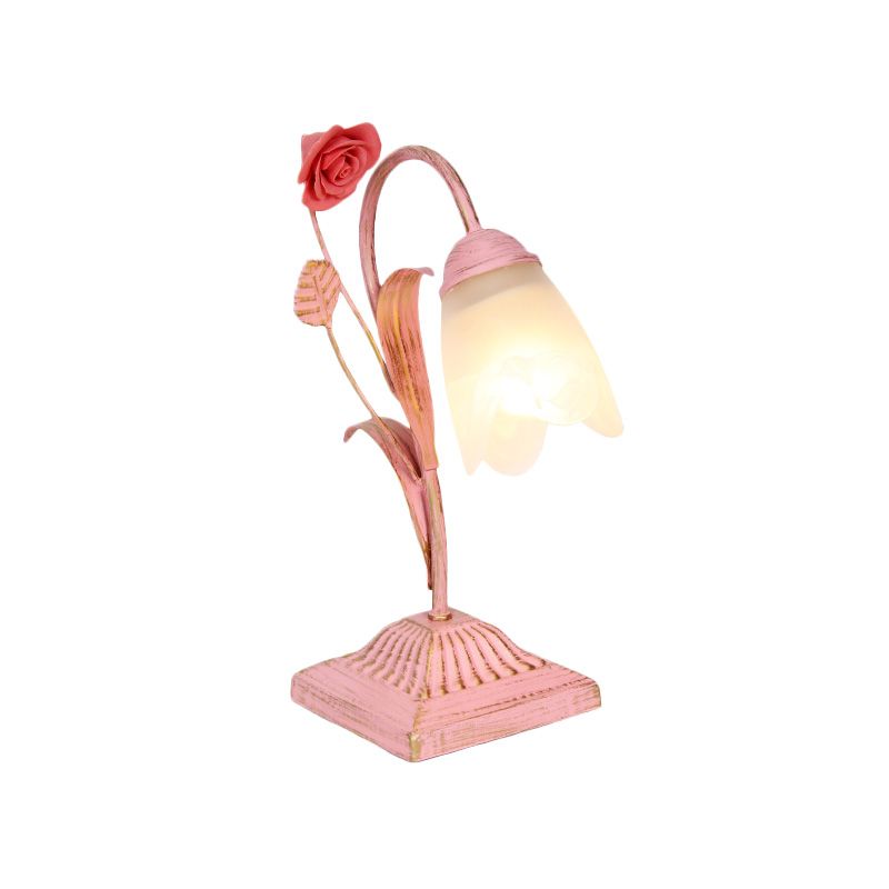 Pastoral Floral Nightstand Light 1-Bulb Metal Night Table Lighting in Blue/Pink for Study Room