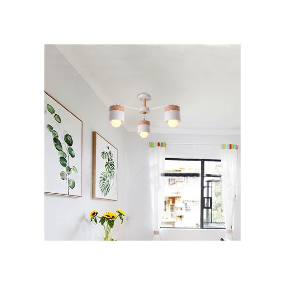 Plafonnier cylindrique en métal de style nordique, lustre semi-encastré à 3 têtes avec capuchon en bois blanc pour salon