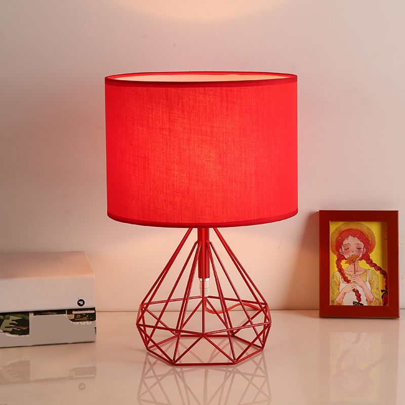 Diamond Cage Base Bedside Table Lamp Metallic 1 Head Minimalist Nightstand Lamp with Drum Fabric Shade