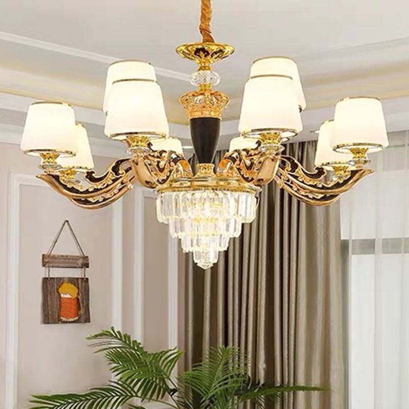 White Glass Tapered Ceiling Lighting Traditional Living Room Chandelier Light with Layered Crystal Decor