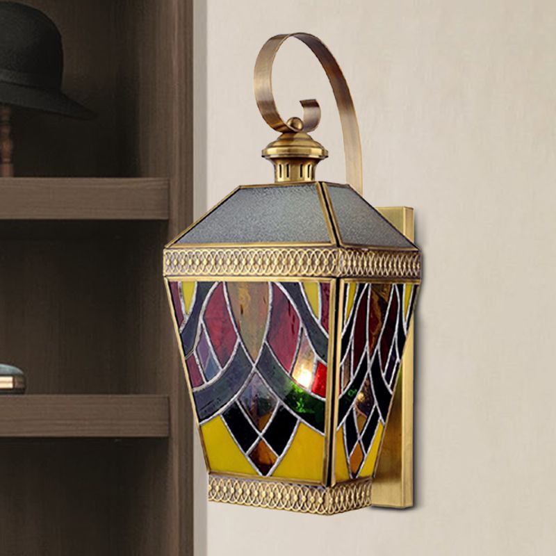 1 Light Wall Mount Lamp Arab Style Corner Sconce Lighting with Pyramid White/Red Glass Shade