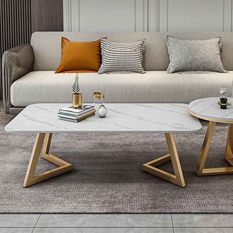 Glam Rectangle Stone Top Coffee Table with Iron Legs Cocktail Table