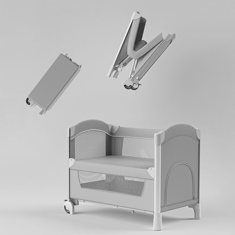 Plastic & Metal Crib with Casters 2-in-1 Folding Crib in White/Gray with Storage
