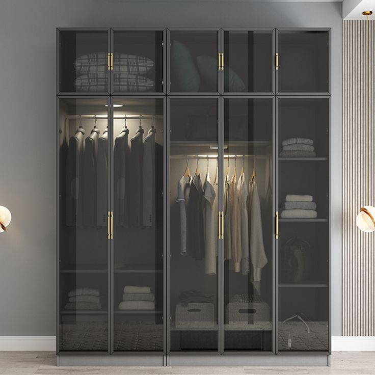 Contemporary Style Glass Wardrobe Grey Colour Wardrobe Closet