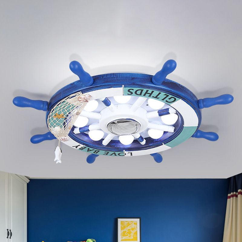 18"/25.5" W Blue Rudder Flush Light Fixture Mediterranean LED Wooden Flush Mount Recessed Lighting for Boys Bedroom