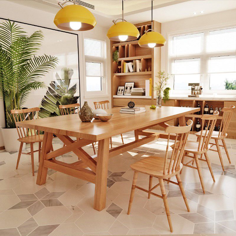 Natural Finish Table with Wooden Base Modern Solid Wood Top Dining Table