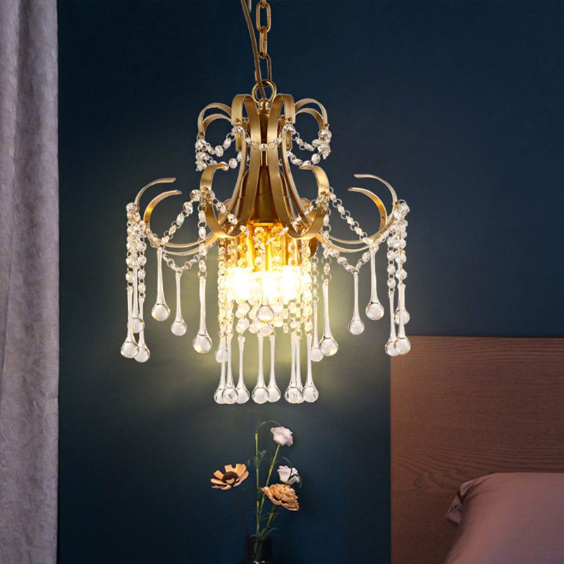 Curvy Arm Crystal Beads Ceiling Pendant Modern 3 Bulbs Bedchamber Chandelier Lamp in Gold