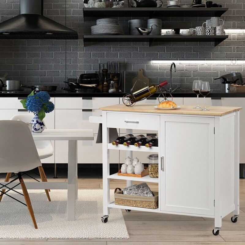 Modern Rolling Kitchen Cart Wood Rectangular Kitchen Island Cart with Towel Rack