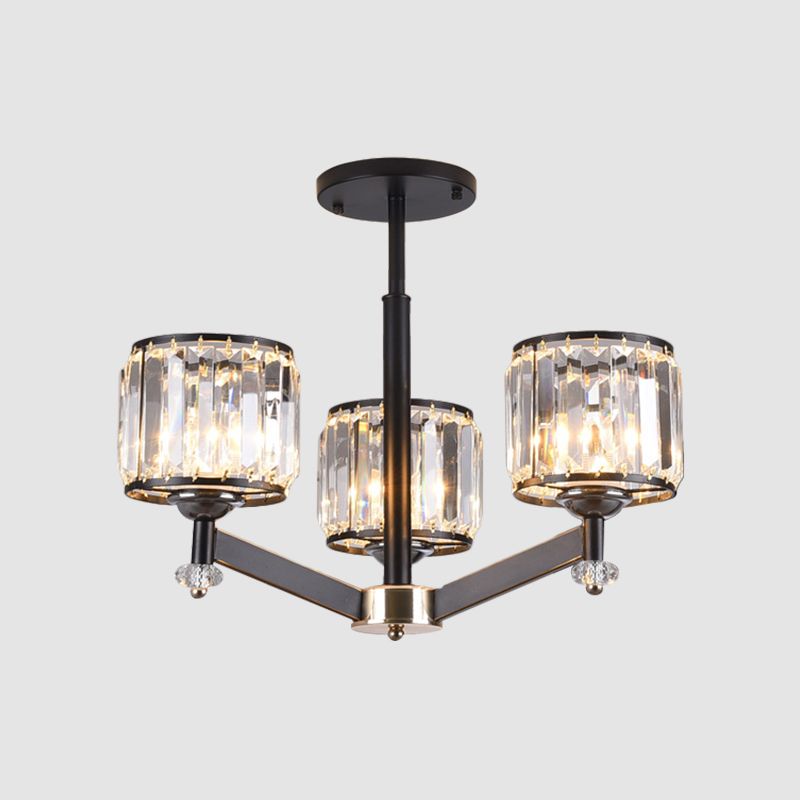 3/6 Lights Crystal Hanging Lamp Kit Traditional Black Cylinder Sitting Room Chandelier Lighting