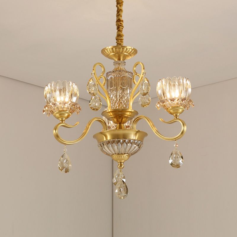 Traditional Lotus Hanging Chandelier 3/5-Light Clear Crystal Glass Ceiling Pendant Lamp in Brass