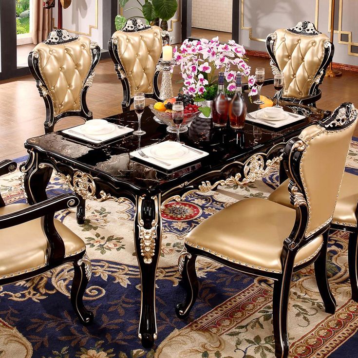 Marble Black Tone Dining Table Victorian 4 Legs Table for Dining Room