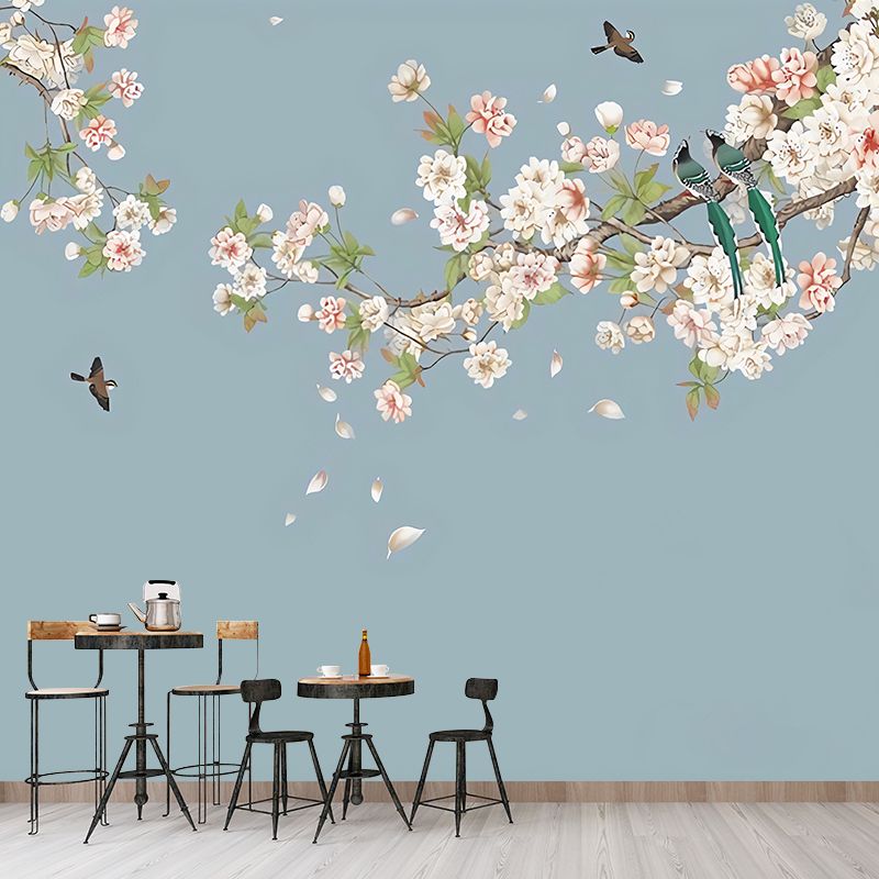 Giant Minimalist Mural Wallpaper Green and Pink Cluster Blossoms Wall Covering, Personalized Size Available