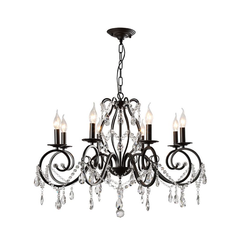 8-Bulb Scrolled Arm Chandelier Black Metal Ceiling Pendant Light with Crystal Draping