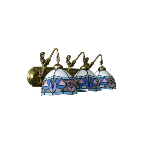 Dome Wall Mounted Light Mediterranean Blue-Pink Glass 3 Head Living Room Sconce Light