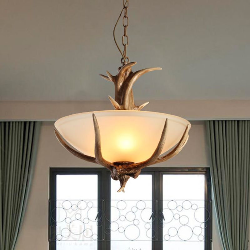 Bowl Frosted White Glass Drop Lamp Rustic 3-Light Dining Room Antler Pendant Chandelier in Brown