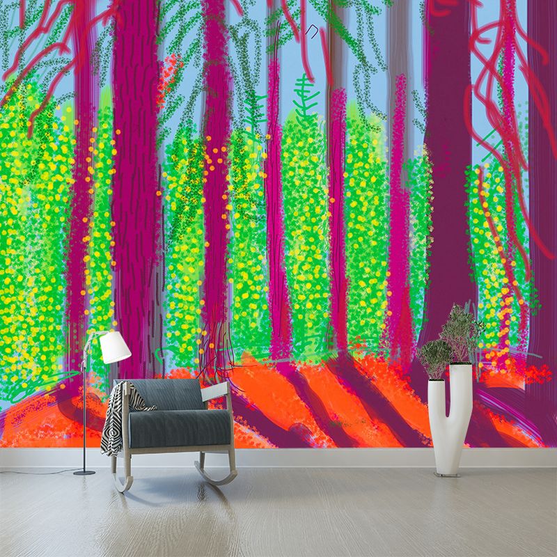 Purple-Green Forest Sunrise Mural Wallpaper Stain Resistant Wall Art for Living Room