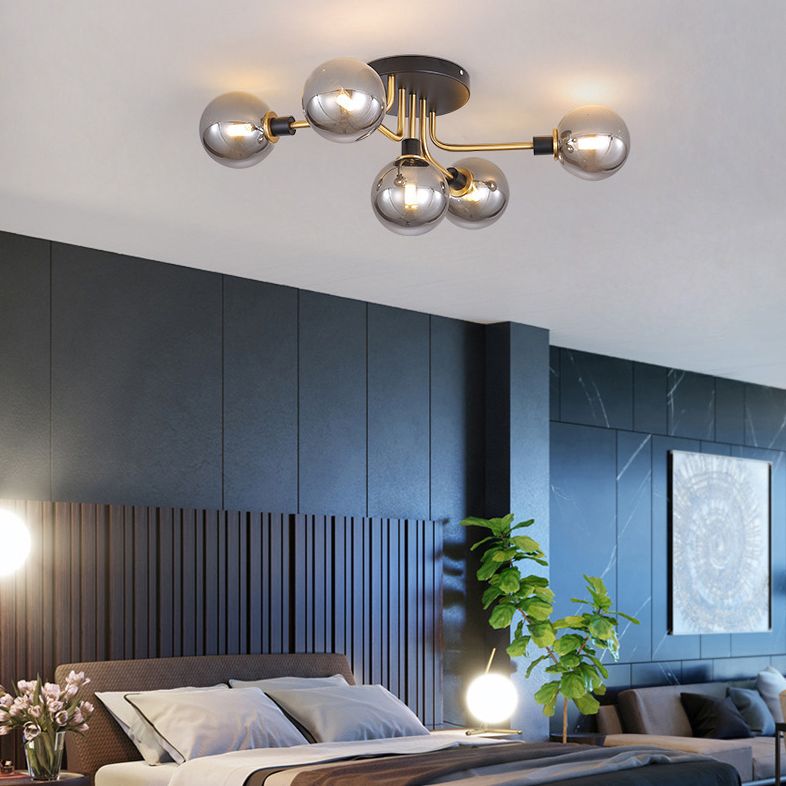 Luz de techo de globo de vidrio transparente de 5 luces Fixtura de iluminación de estilo posmoderno para dormitorio