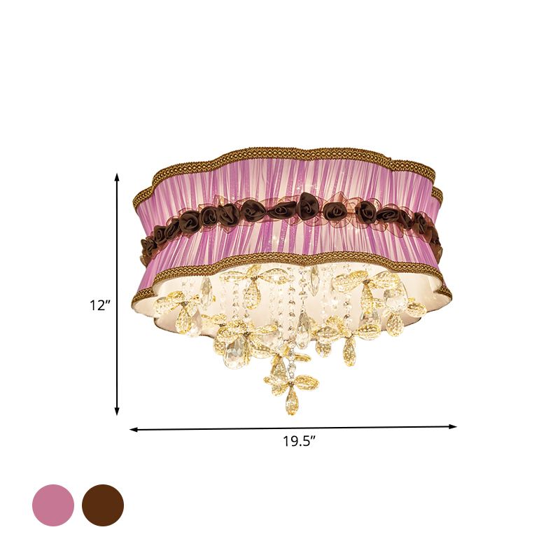 Coffee/Pink 6-Bulb Flushmount Light Nordic Faceted Crystal Final Flower Pattern Close to Ceiling Lighting with Sheer Fabric Shade