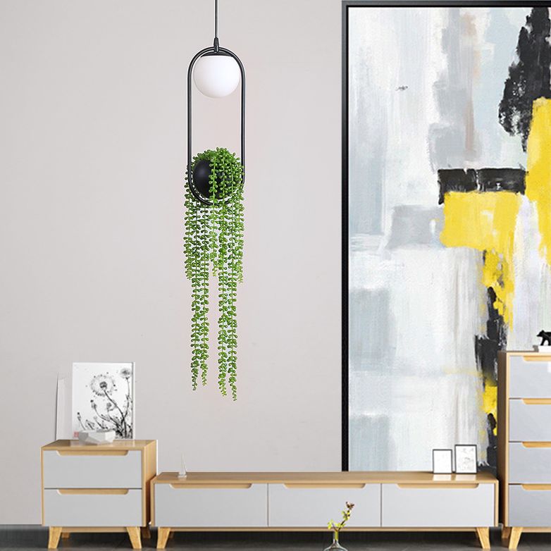 Modern Oval Metal Hanging Lamp White Glass Globe Shade 1 Light Pendant Light with Green Plant