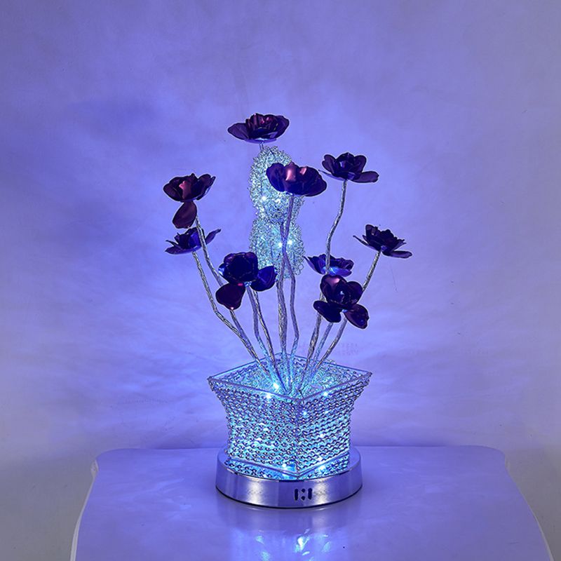 Silver LED Desk Lighting Art Decor Aluminum Cubical Table Lamp with Rose Decor for Bedside