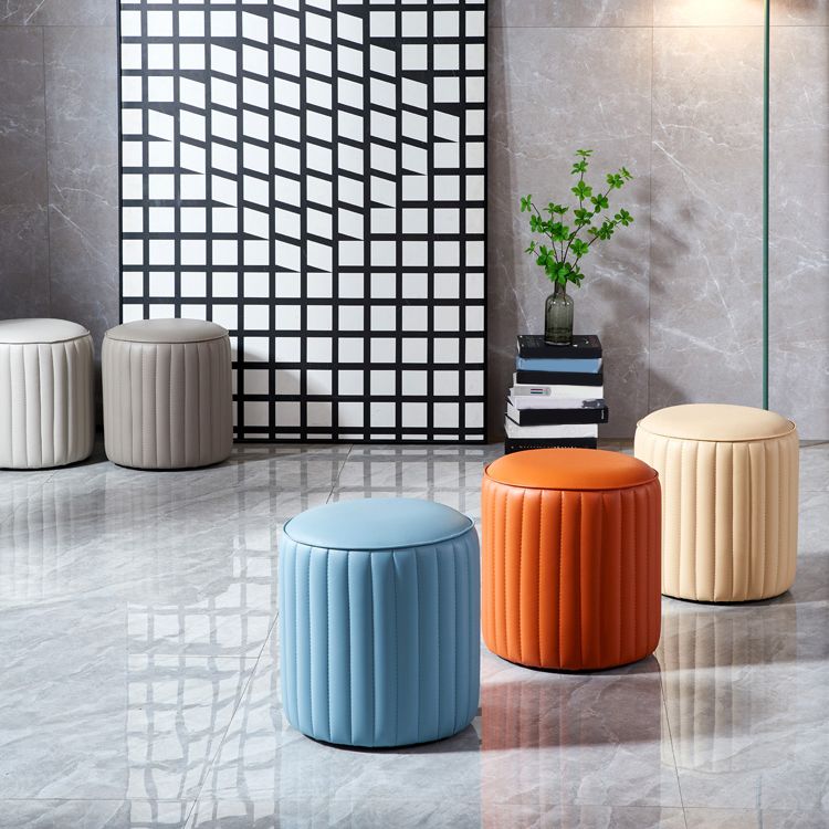 Modern Orange Pouf Water Resistant Round Pure Color Leather Pouf