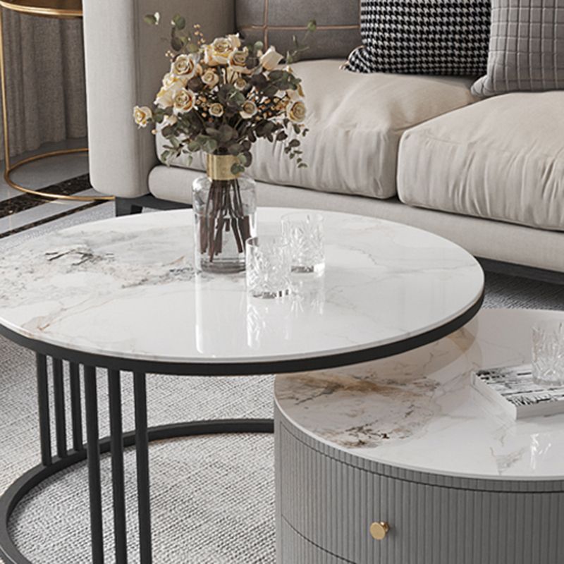 Contemporary Cocktail Table Round Glass / Slate Coffee Table with Drawers