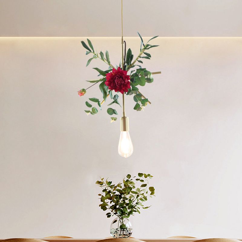 Gold 1 Bulb Drop Pendant Farm Iron Triangle/Square/Rectangle Frame Suspension Lighting with Fake Rose