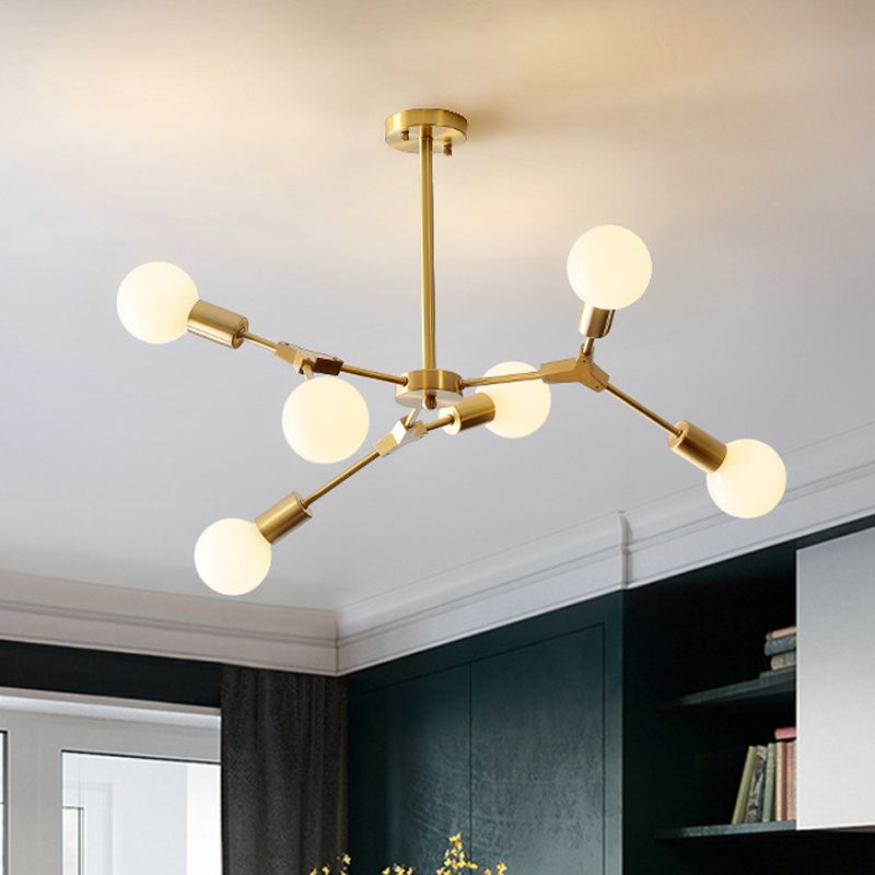 Brass Branched Rotatable Semi Flush Mount Modernism 6 Heads Metal Ceiling Light with Open Bulb Design