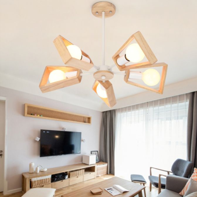 Sputnik Bedroom Chandelier Light Fixture Wooden Minimalist Chandelier Pendant Light in White