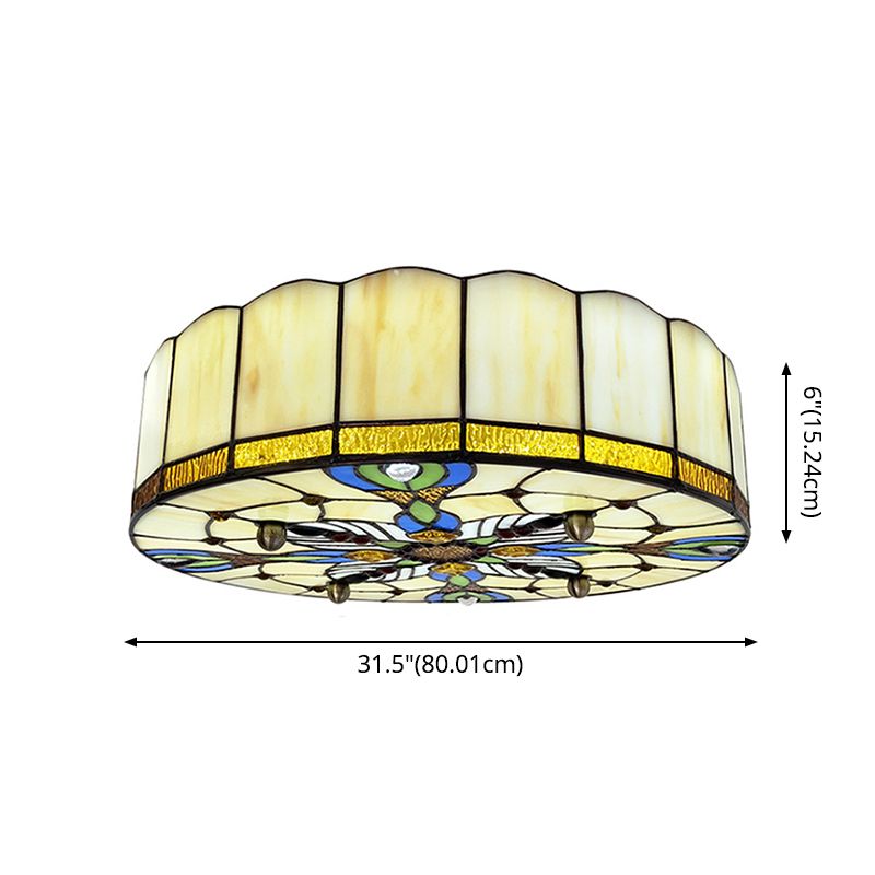 Drum Ceiling Mount Light Mediterranean Stained Glass Flush Mount Fixture for Bedroom