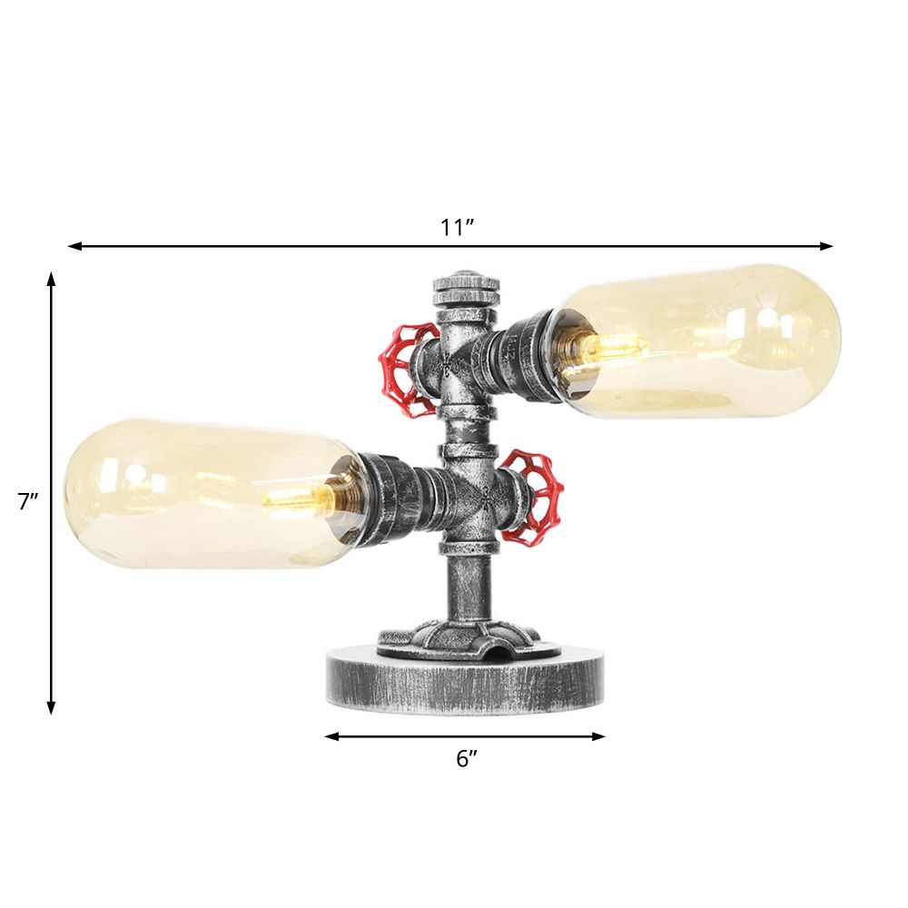 Lámpara de escritorio industrial de 2 luces con pantalla de cápsula de luz de mesa plateada antigua de vidrio transparente/ámbar para sala de estar