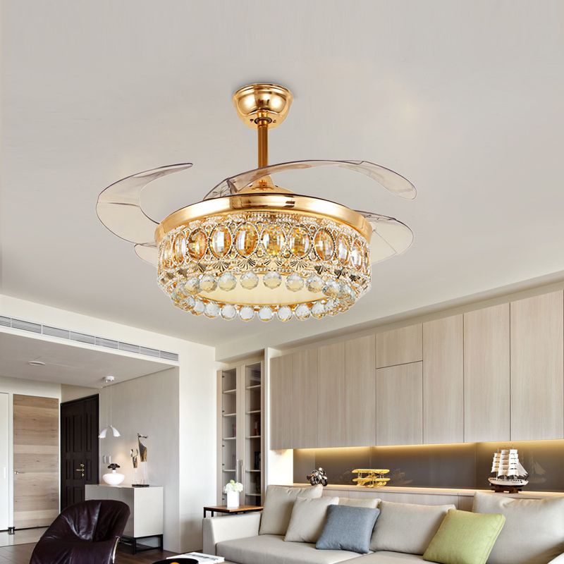 Vintage Crown LED Ceiling Fan Clear Crystal Ball LED Living Room Semi Flush Light in Gold
