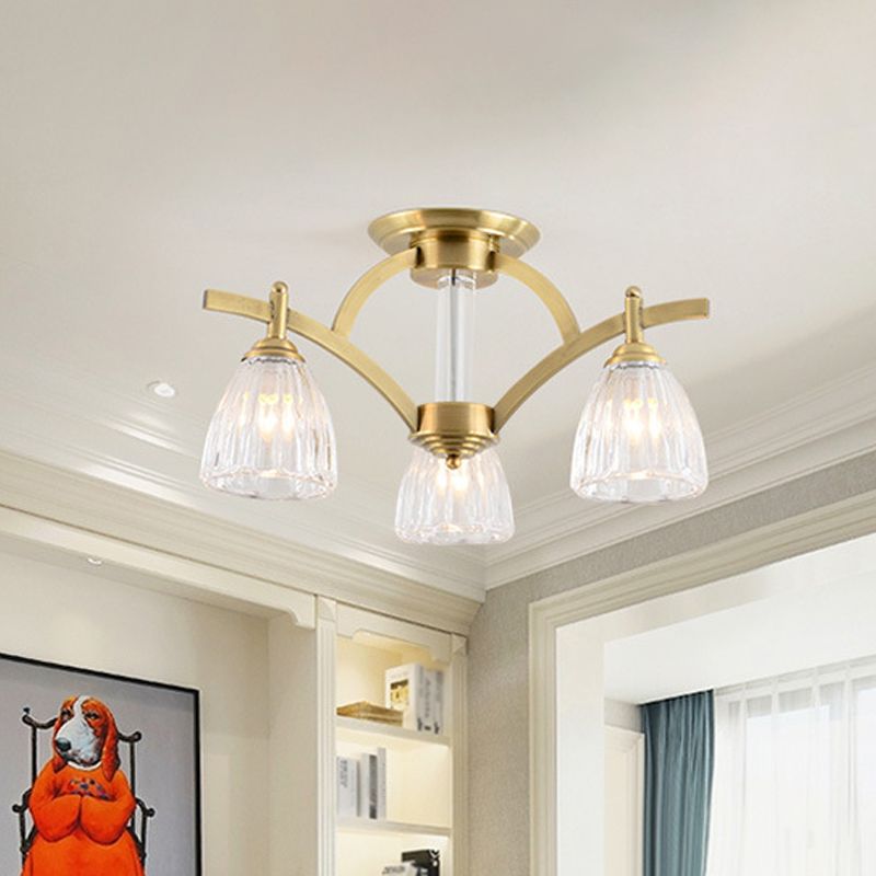 3/6/8 Bulbs Bell Semi Flush Light Modern Brass Textured Glass Ceiling Mount Chandelier for Living Room