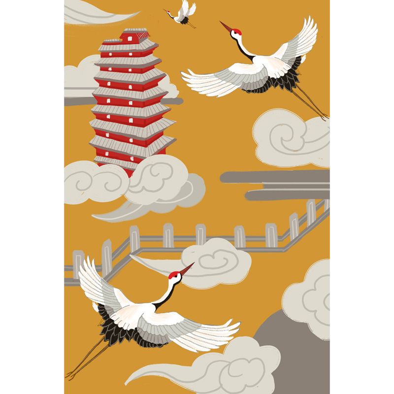 Halcyon and Temple Mural Wallpaper Chinese Smooth Wall Covering in White on Yellow