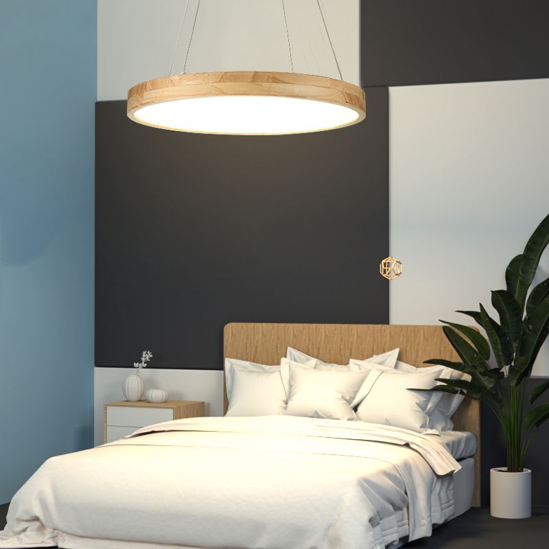 Round Wooden Hanging Lamp LED Pendant Light for Dining Room with Acrylic Shade