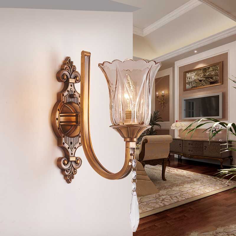 Cognac Glass Flower Wall Mounted Light Vintage 1/2 Heads Brass Sconce Light Fixture with Crystal Drop