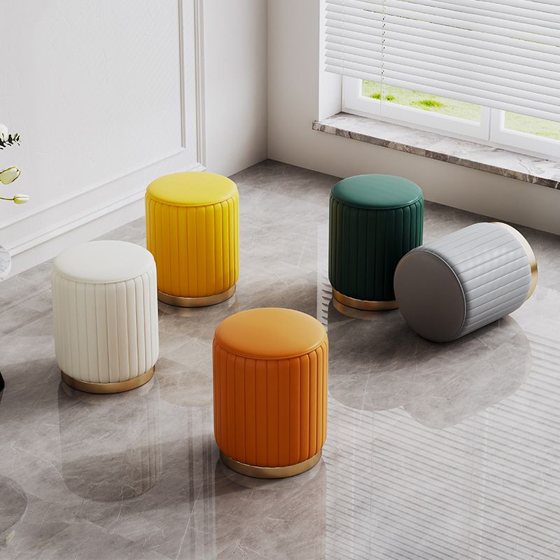 Contemporary Pouf Ottoman Faux Leather Upholstered Solid Wood Frame Round Ottoman