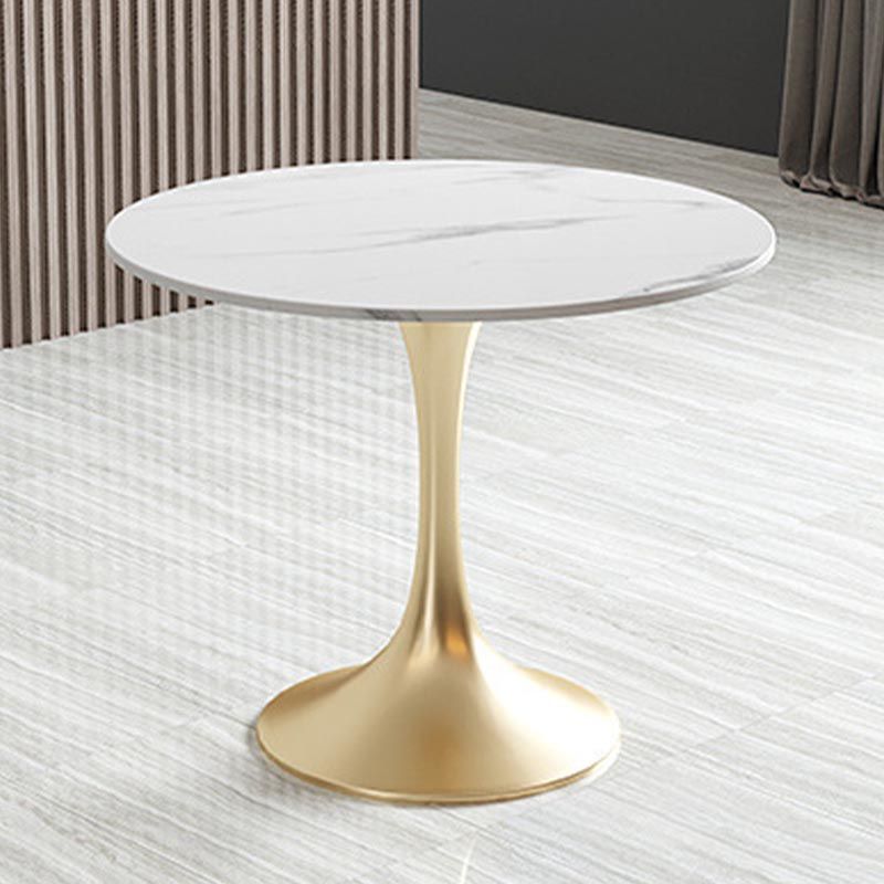 White Sintered Stone Top Table with Tulip Base Metal Traditional Luxury Round Dining Table