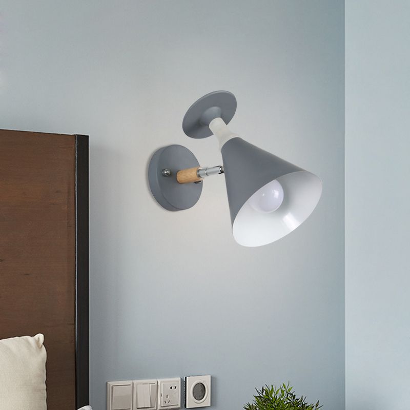 Rotatable Cone Wine Cup Wall Mounted Lamp Nordic Iron Single Bulb Grey/White Sconce Light with Wood Accent