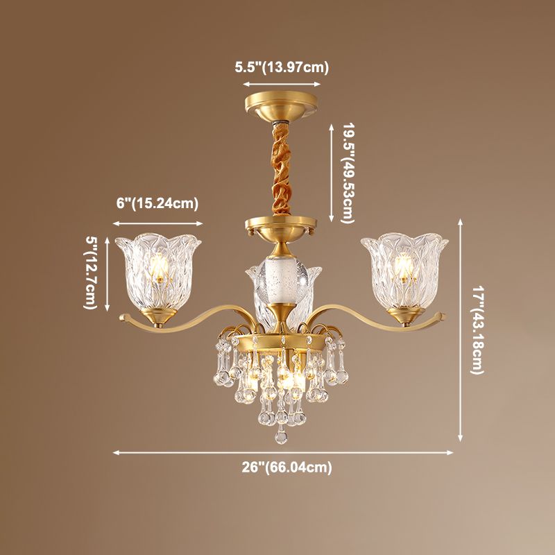 European Style Chandelier Brass Flower Shape Hanging Light with Crystal for Bedroom
