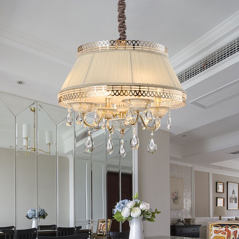 Candelera colgante moderna 4 bulbos con sombra de tela Beige Tambor tapered Crystal Down Lighting