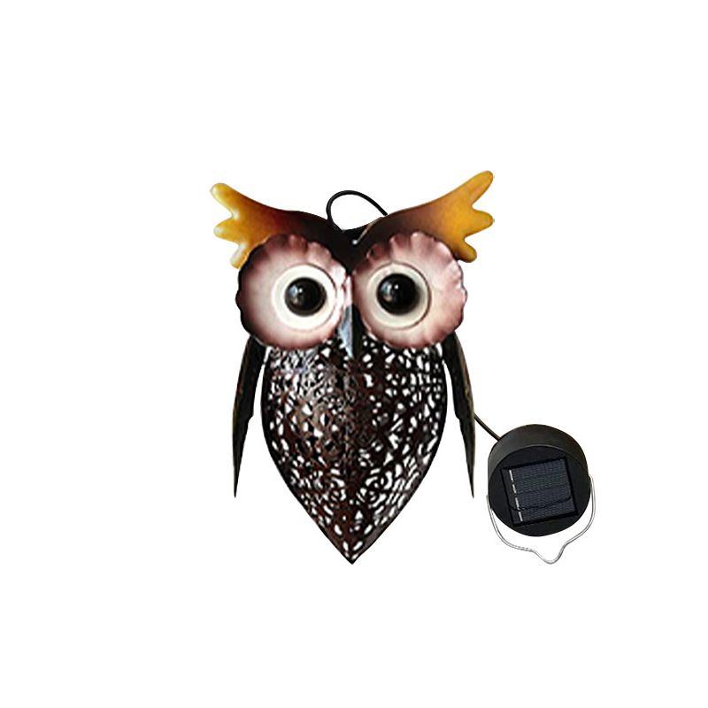 Metal Owl Solar Suspension Lighting Artistic Brown LED Pendant Light for Garden, 1 Pc