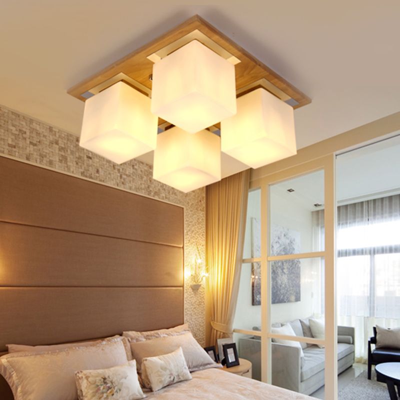 Cube Shape Semi Flush Ceiling Light Nordic Opal Glass 4-Light Bedroom Flush Mount Lamp in Wood