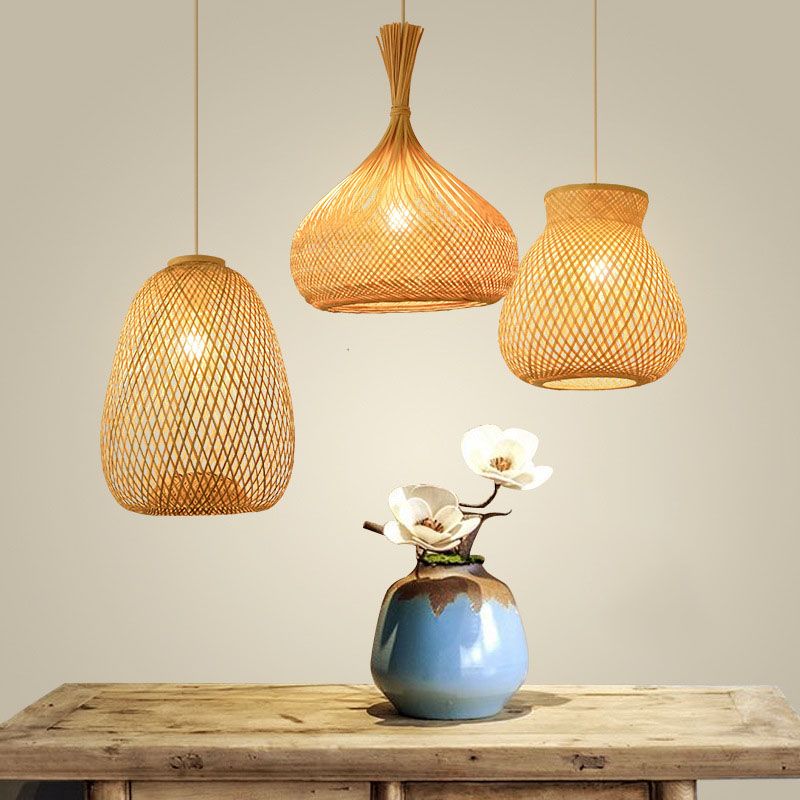 Wood Hand-Braided Pendant Lamp Chinese Style 1 Head Bamboo Ceiling Hanging Lantern