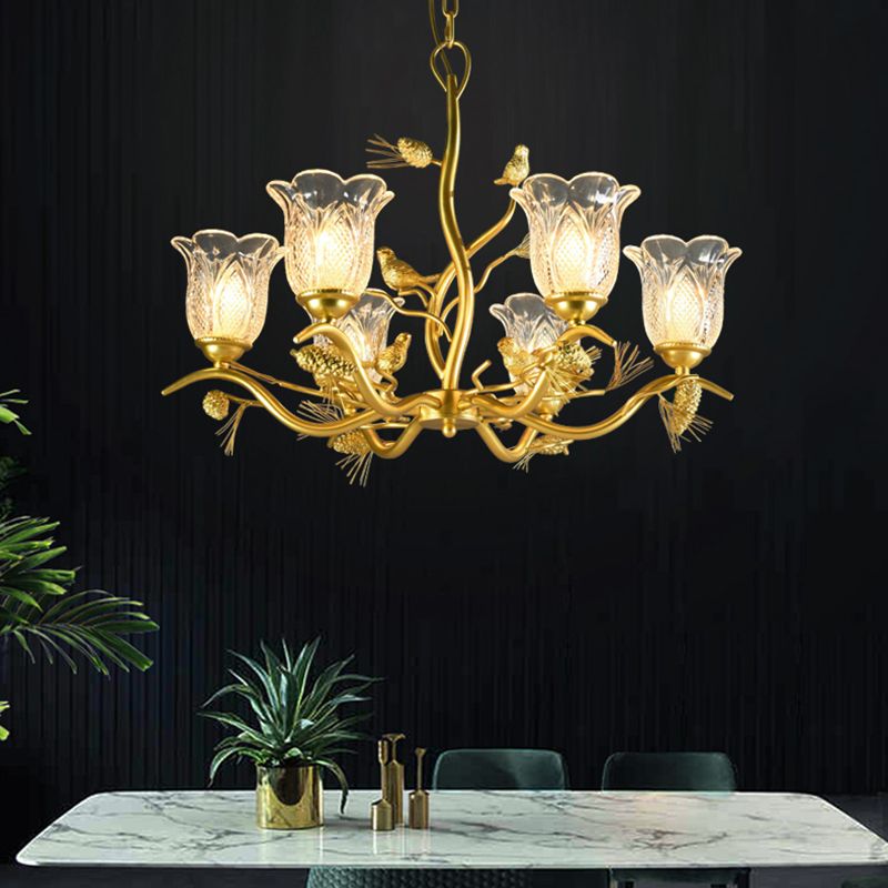 Petal Dining Room Ceiling Lamp Clear Textured Glass 6/8 Bulbs Retro Stylish Chandelier Light Fixture in Gold Finish