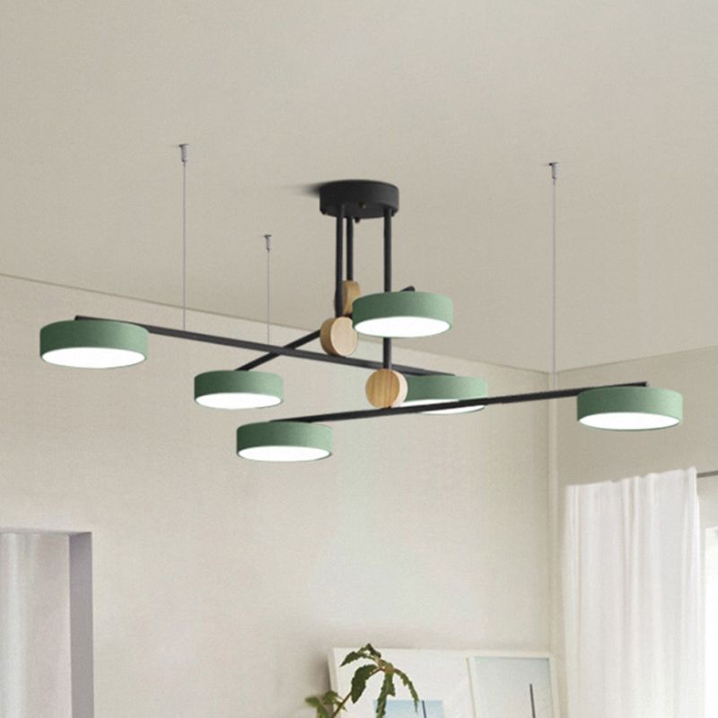 Branche lustre luminaire nordique métal 6 têtes lampe suspendue gris / verte avec décoration en bois, lumière chaude / blanche