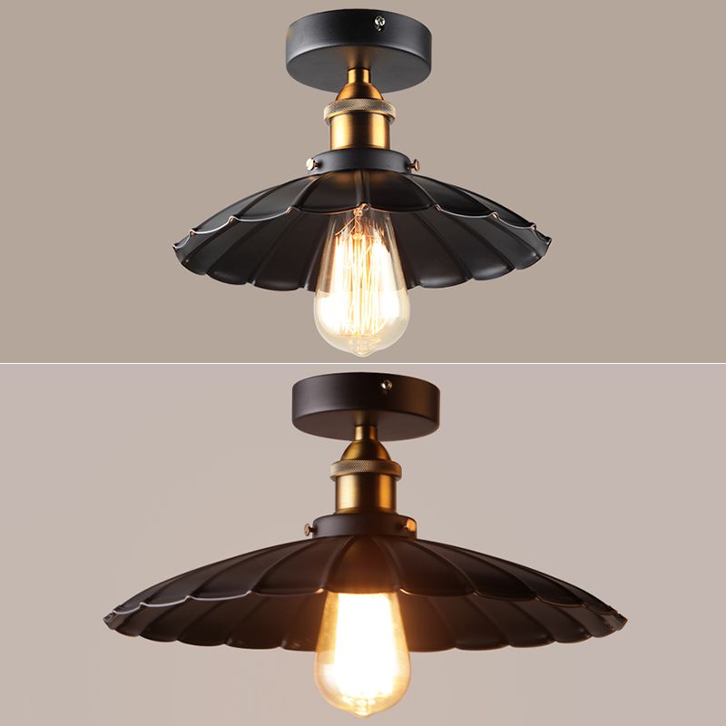 1 Light Round Shade Semi Flush Mount Light Industrial Iron Ceiling Lamp
