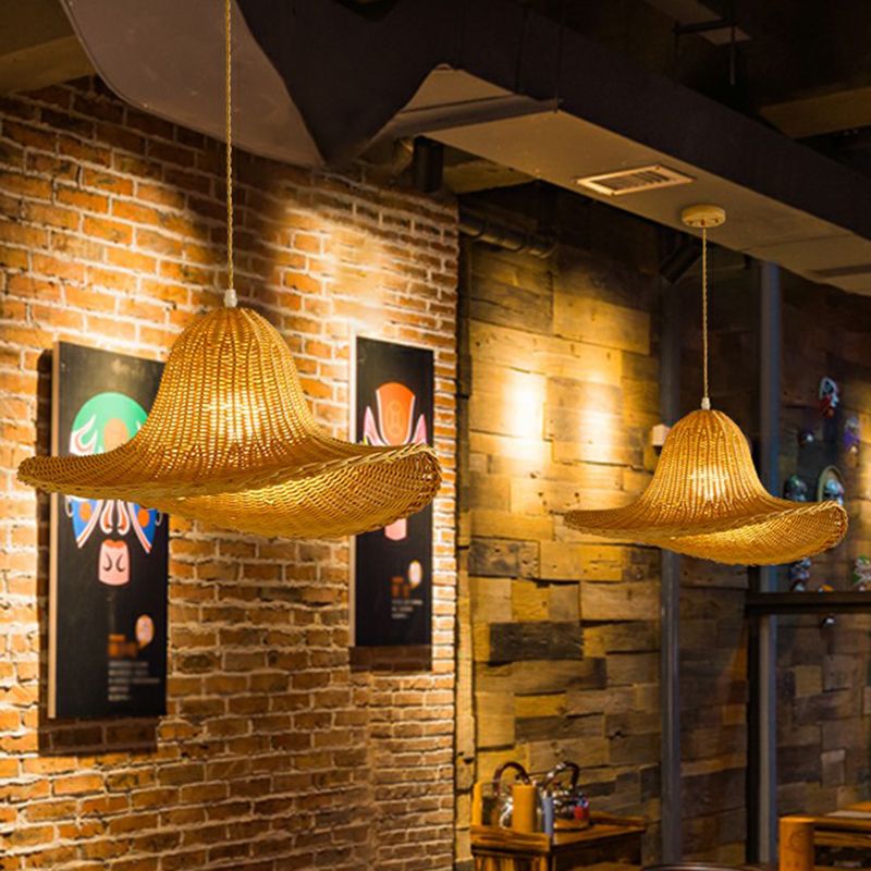 Hat Shaped Pendant Lighting Fixture Asian Bamboo 1-Light Wood Hanging Lamp for Tearoom