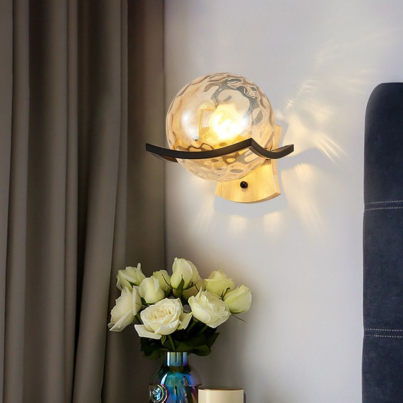 Modern Style Wooden Wall Sconce Glass Shade 1 Light Wall Mount Light Fixture for Living Room