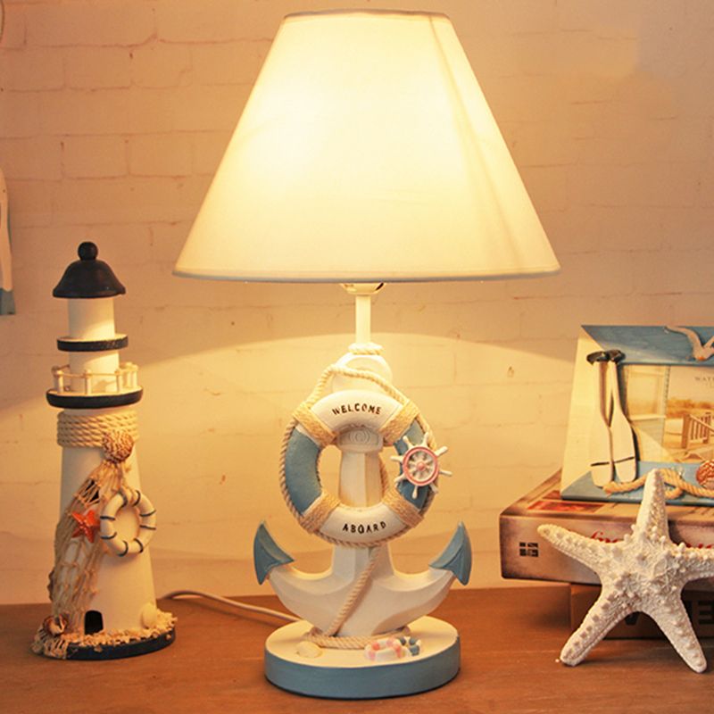 Light/Dark Blue Anchor Resin Nightstand Light Mediterranean 1-Bulb Fabric Night Table Lamp for Bedroom